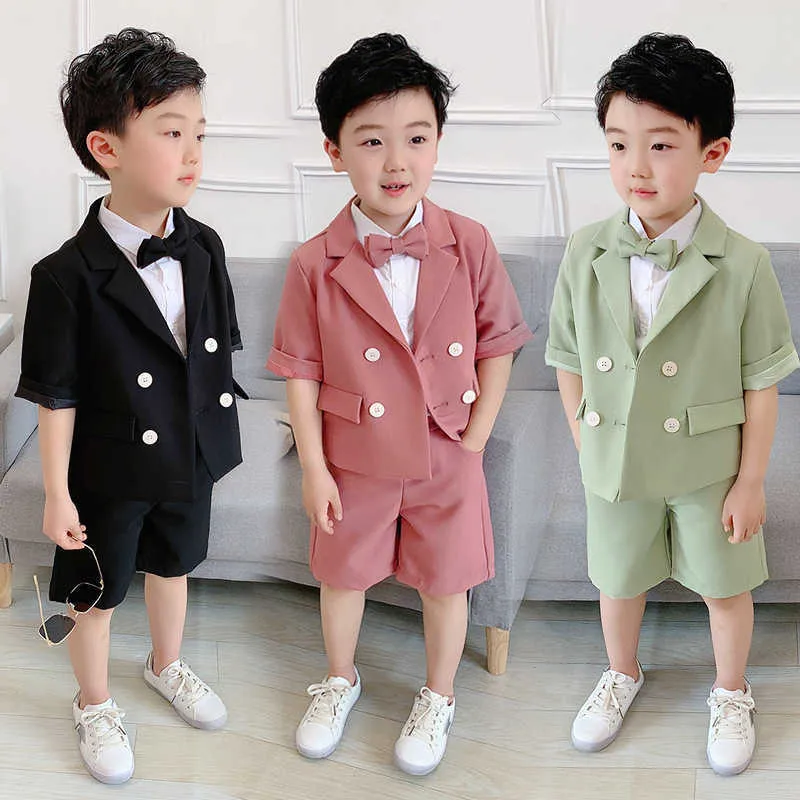 Boys Summer Blazer+Shorts 2Pcs Clothing Set School Kids Uniforms Gentleman Party Suit Children Performance Graduation Dress X0802