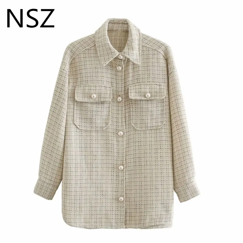 NSZ女性特大の格子縞のツイードシャツジャケット大規模チェッカーパールボタンオーバーシャ​​ツアウター220118