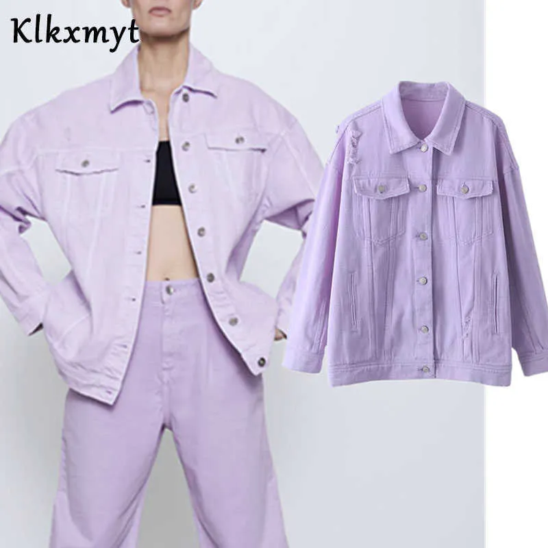 KlkxMyt Ins Blogger High Street Lavender Oversize Ripped Denim Kurtka Kobiety Casaako Feminino Jaqueta Feminina Bomber Coat 210527