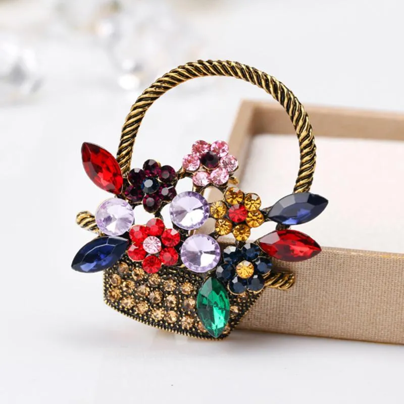 Pins, broches strass flor cesta forma broche vintage colorido para mulheres moda casaco pcooches pequenos presentes