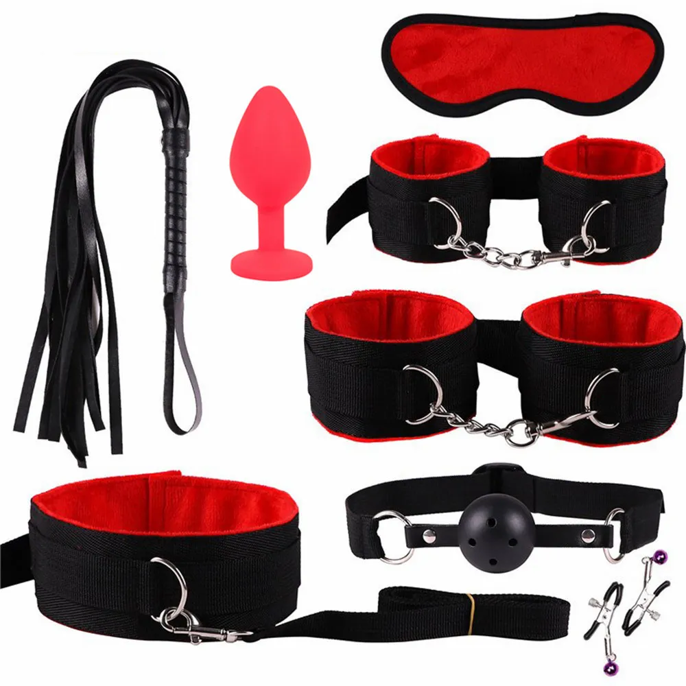 Itens massagem SM Sex Games Handcuff BDSM Bondage Conjunto de escrava colar de colar manual manualmente bola de bola de bola de boca brinquedo sexual para casais eroti