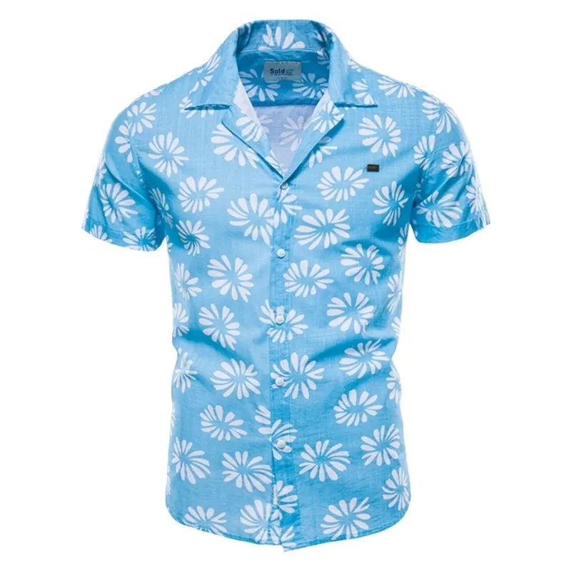 Aiopeson 100％コットンリネンシャツ男性フラワープリント夏のカジュアル半袖ハワイのS 210626のための高品質