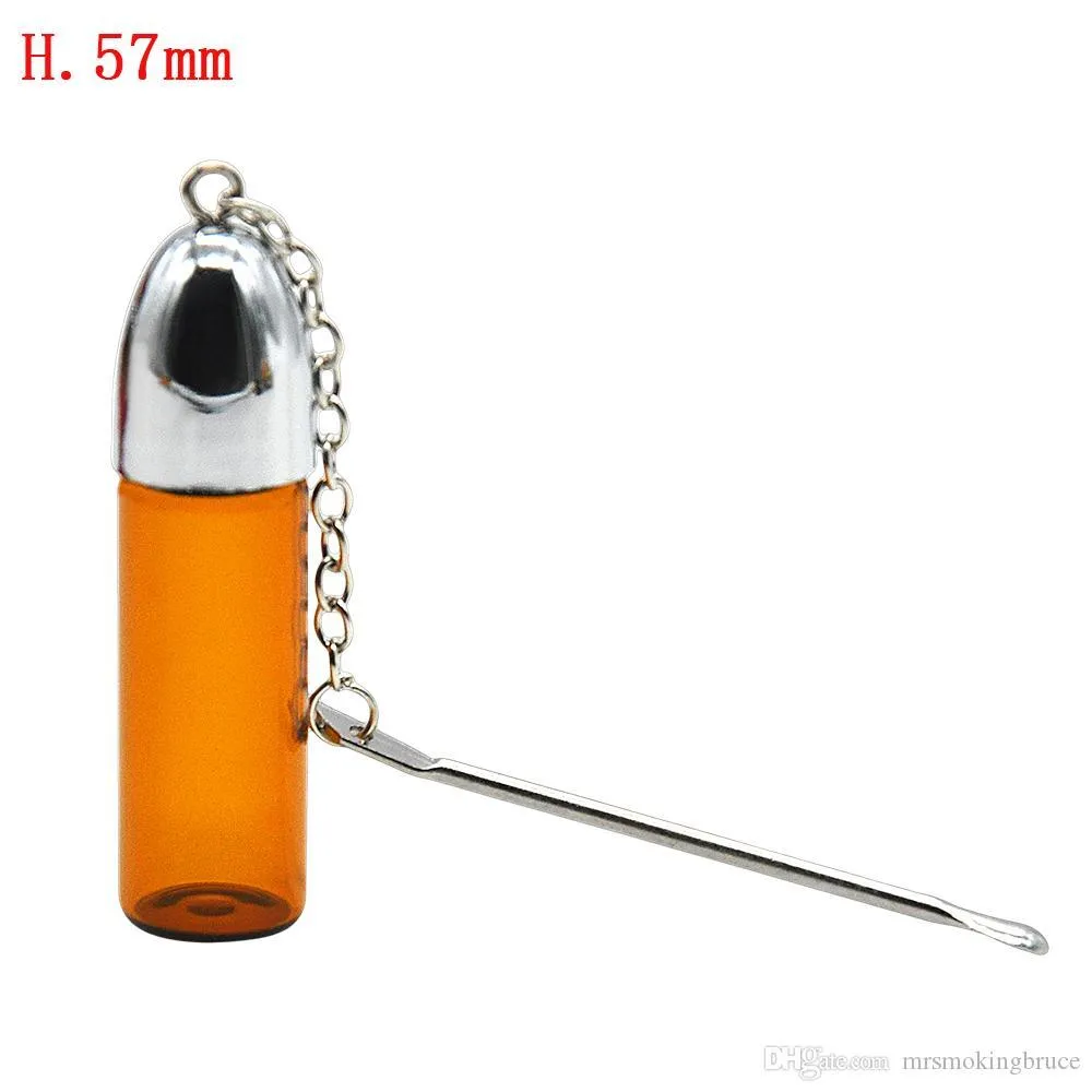 Silver Clear&Brown Glass Snuff With Metal Spoon Pill box Bullet Rocket Snorter Bottle