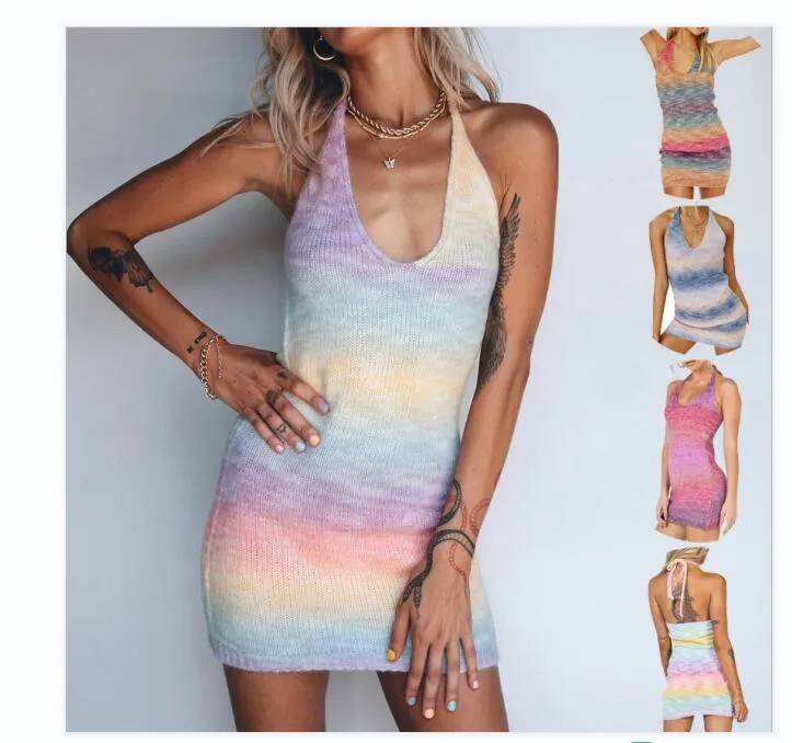 Modedesign kvinnors halterhals ärmlös stickad regnbåge gradient färg tröja klänning xssmlxl