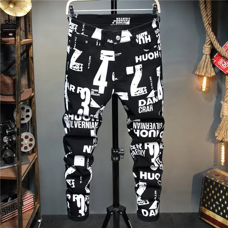 Men's Jeans European And American Digital Printing Mens Letter Graffiti Painted Skinny Pants Hip Hop Casual Stretch Denim Tro2431