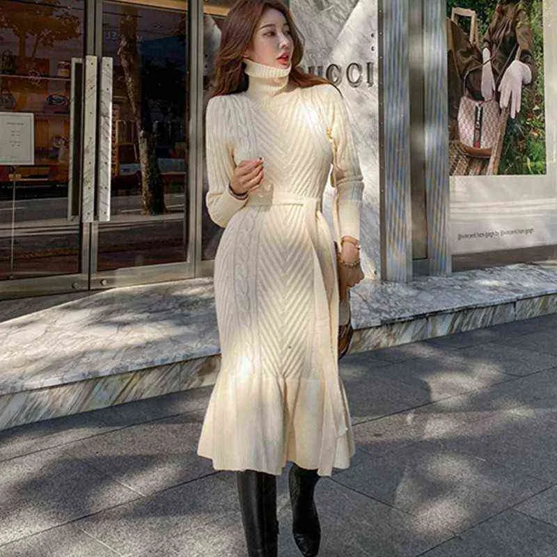 Взлетно-посадочная полоса осень зима Корейский женский поворот ленивый простой русалка свитер вязаное платье кружев в теплом сладком вязаном платье Vestido G1214