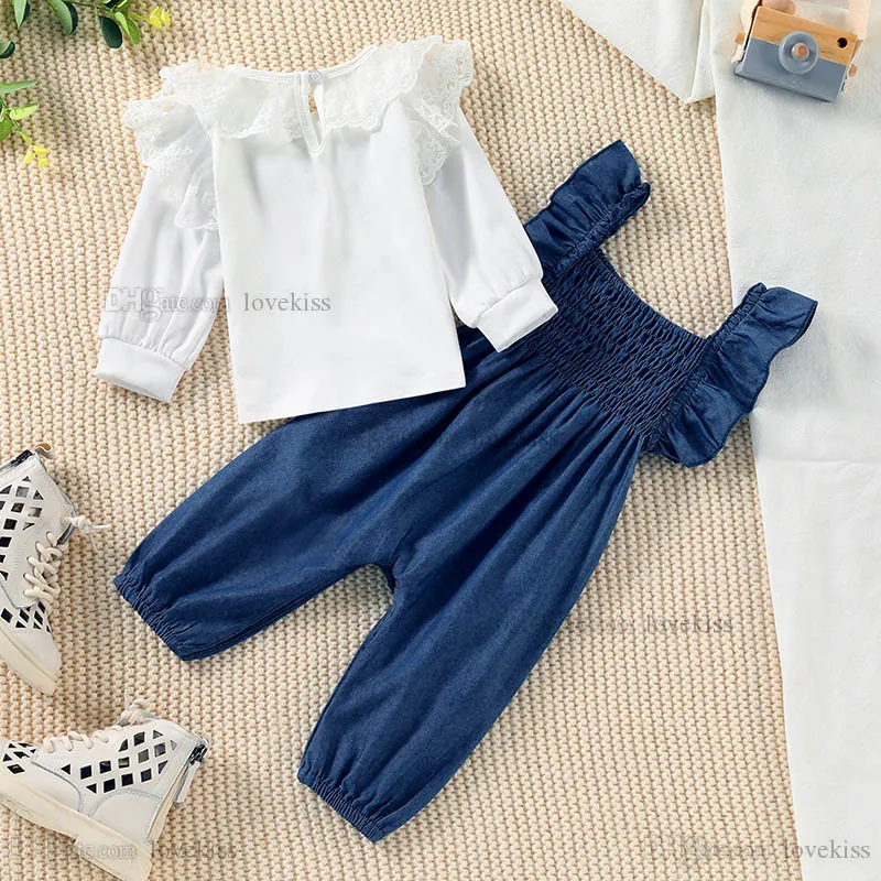 Kids Clothing Sets Girls Outfits Baby Clothes Children Fall Children`S Long-Sleeved Lace T-Shirt Denim Ruffled Lotus Leaf Side Strap Jumpsuit 2-Piece B9390
