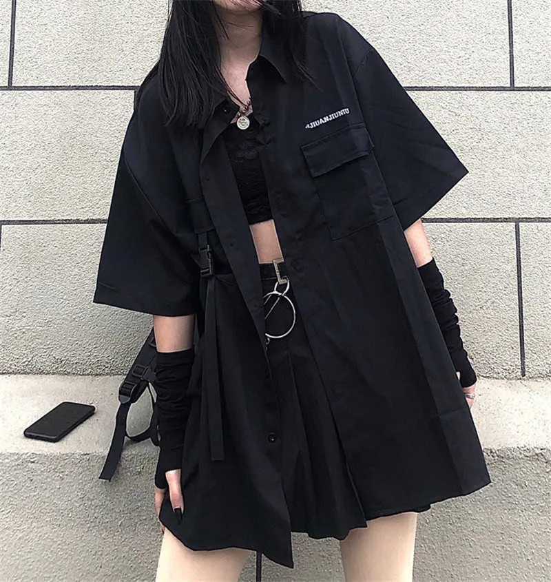 Korea Ulzzang Gothic Three-Piece Set: Dark Mini cargo skirt Mini and High-Waisted Harajuka Uniforms for Women - 210608