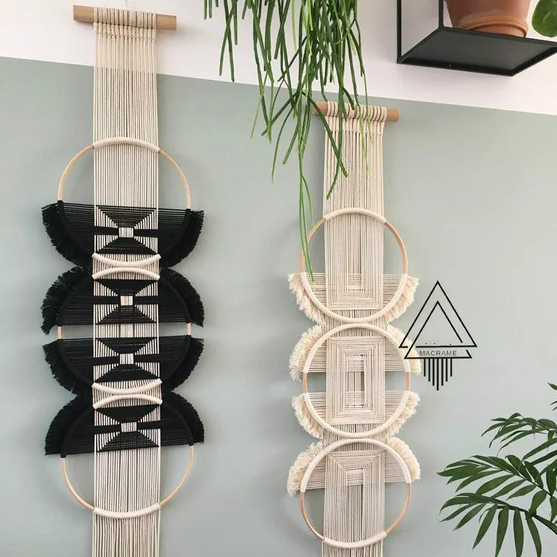 Arazzi Anelli Macrame Tessuto a mano Arazzo appeso a parete Decorazione domestica messicana in bianco e nero Arredamento bohémien Dormitorio universitario Nastri per fattoria