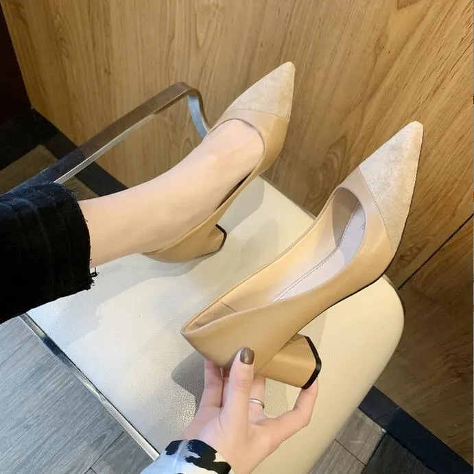 2022 chaussures pour femmes printemps nouvelle version coréenne couture bout pointu talons hauts talon épais bouche peu profonde chaussures simples travail de mode en gros cinq