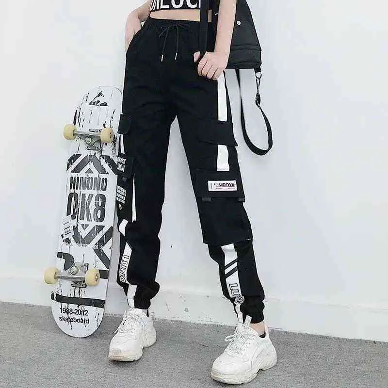 YBYR damskie spodnie Cargo z wysokim stanem moda sportowa luźna, patchworkowa w stylu harajuku BF gumki spodnie Streetwear 211124