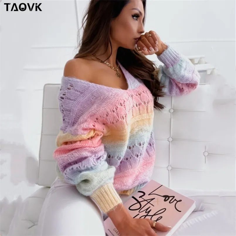 Taovk Rainbow stickad sweater kvinnlig söt v-hals cutout s pullover långärmad godis casual chic jumpers 210812