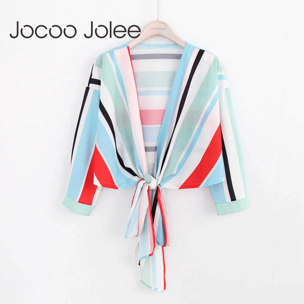 Joloo jolee sexy profundo decote em v mulheres colorida blusa listrada lace up design nove mangas de verão desgaste de verão 210619