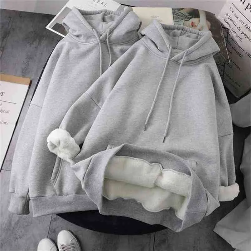 Women Winter Sweatshirts Coat Causal Warm Thick Fleece Pocket Solid Grey Black Female Hooded Outerwear Harajuku BF Oversize 210809