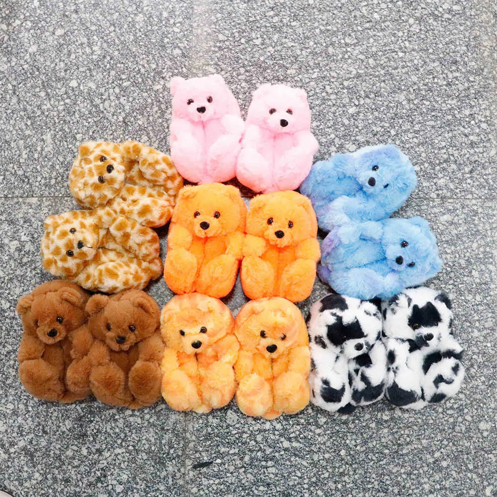 2021 Latest Stlye Teddy Bear Baby Slipper Warm Fur for Boy and Girl Suit 1-5 Years Old Kids Bedroom Indoor Slides Y0902