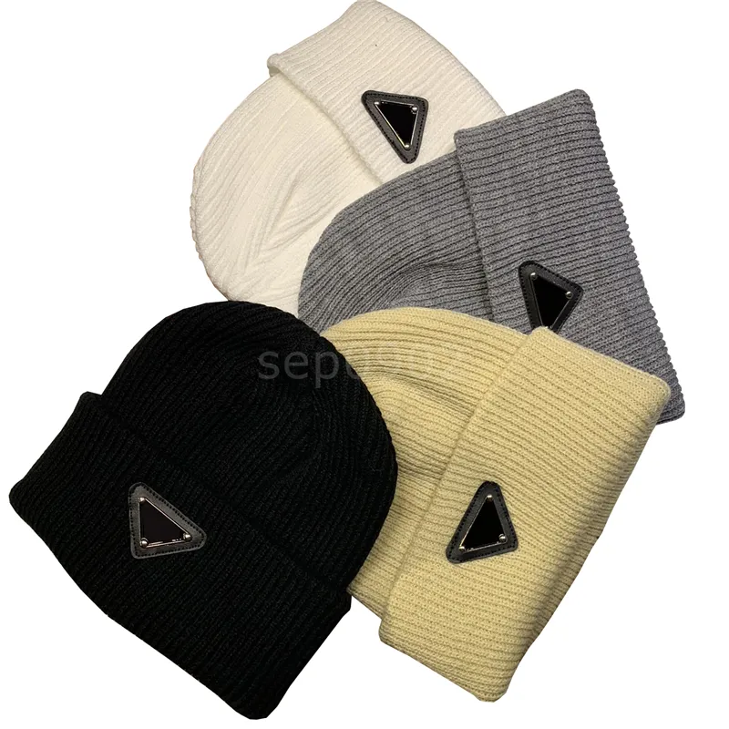 Winter Warm Thicken Beanies Men Women Wool Hat Casual Style Luxury Knitted Hats Triangle Badge Unisex Caps