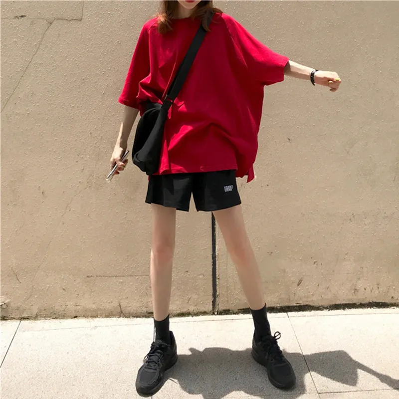 Lente Zomer Vrouwen T-shirt Slit Korte Mouw Basic Tee Shirt Solid Oversized Losse Casual O-hals Harajuku Vrouwelijke Top Korea