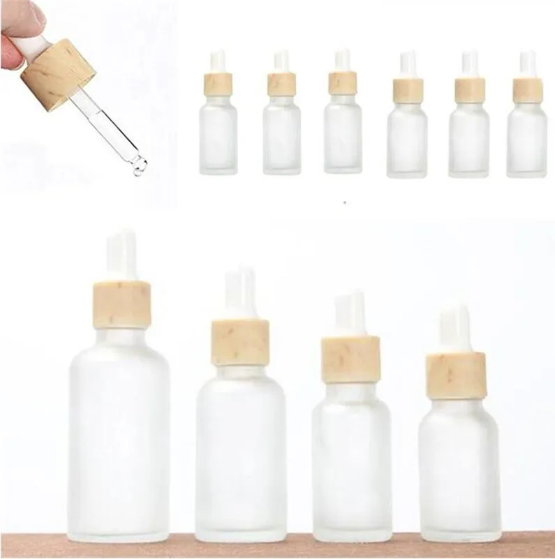 Frasco cuentagotas de vidrio esmerilado de 10ml, 15ml, 20ml, 30ml, 50ml, tarro de cosméticos vacío para aceite esencial con tapas de bambú imitadas