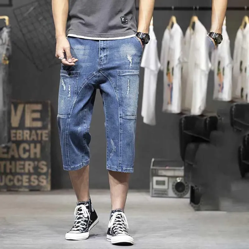 Men s Ripped Denim Cargo Shorts Casual Streetwear Patchwork Plus Size Blue Jean Shorts 2024 Summer