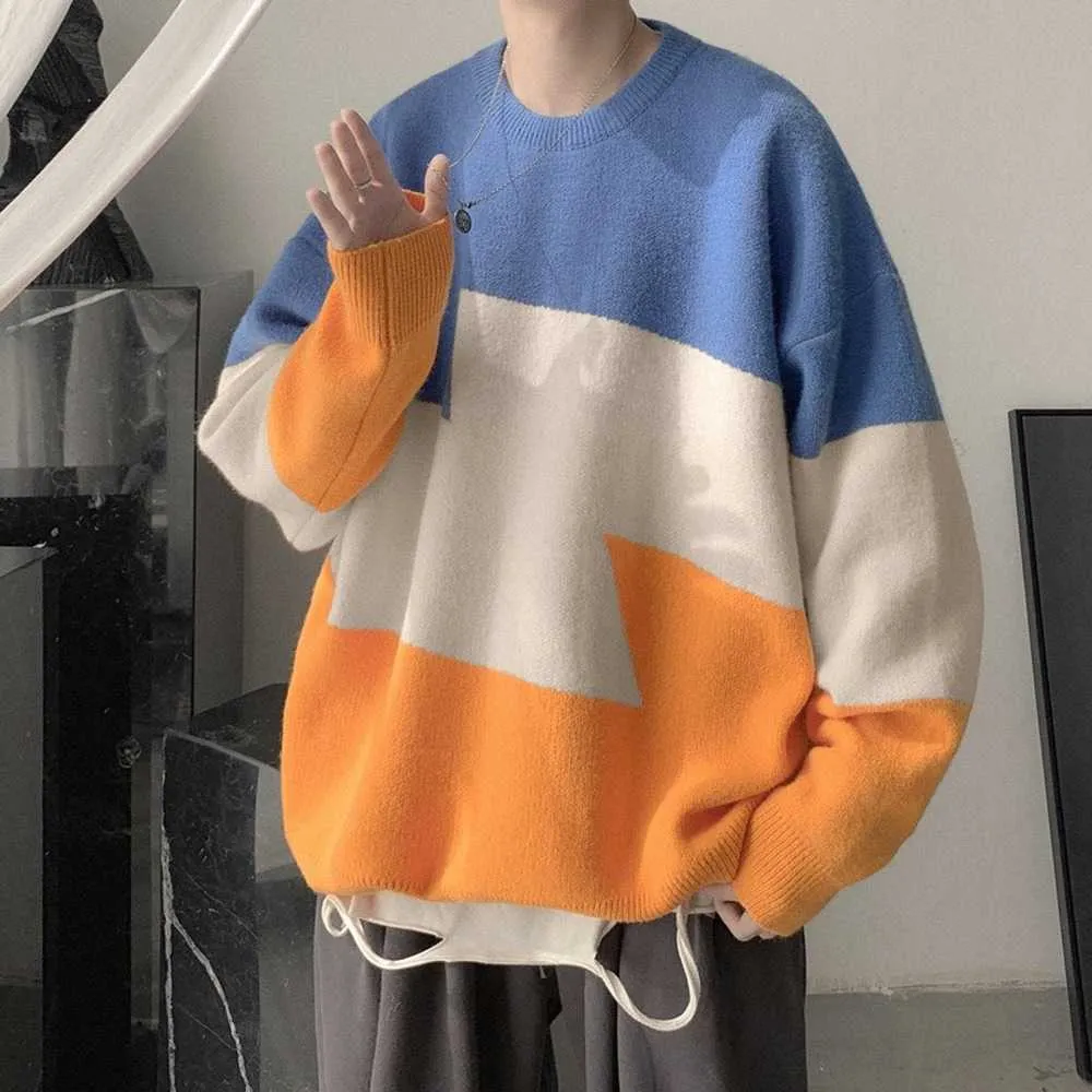 Winter Sweater Men Crewneck Pullover Sweater Knitted Geometric Pattern Streetwear Korean Fashion Oversized Loose Fit Clothes Y0907