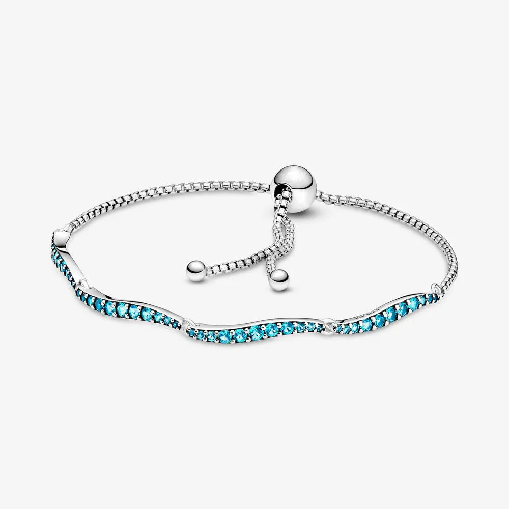 100 % funkelnde Gliederkette, blaue gewellte Schieber-Armbänder, 925er-Sterlingsilber, verstellbares Zirkonia-Armband, modische Damen-Hochzeit, Verlobung, Schmuck-Accessoires