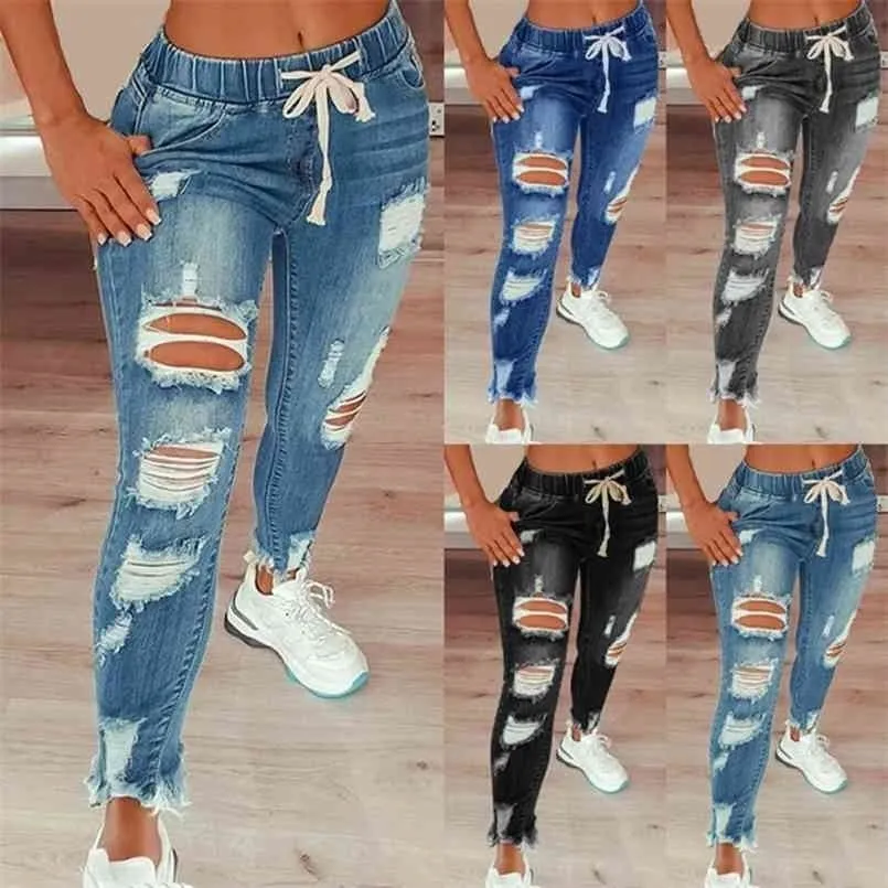 Kadın İpli Denim Kot Rahat Yırtık Delik Streç Yüksek Bel Pantolon Bayanlar 210809