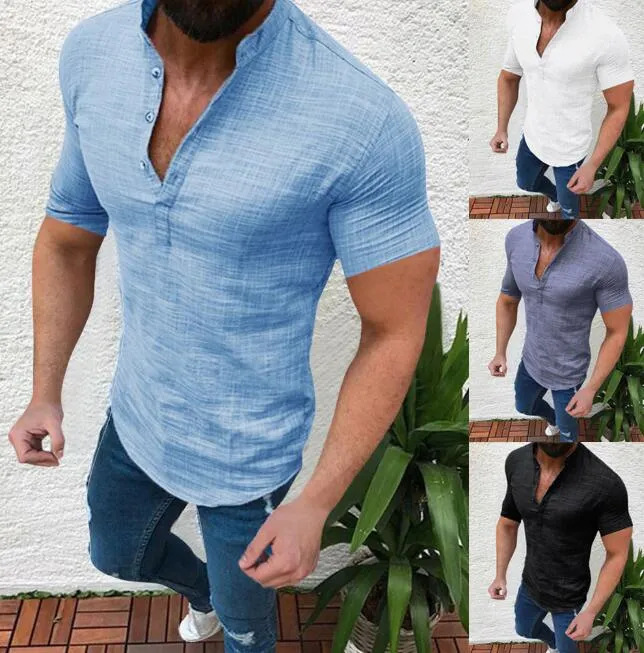 남성 캐주얼 셔츠가 패션 비즈니스 남성 셔츠 코튼 짧은 소매 슬림 피트 헨리 칼라 사회 여름 세련된 블라우스 Camisa 2021