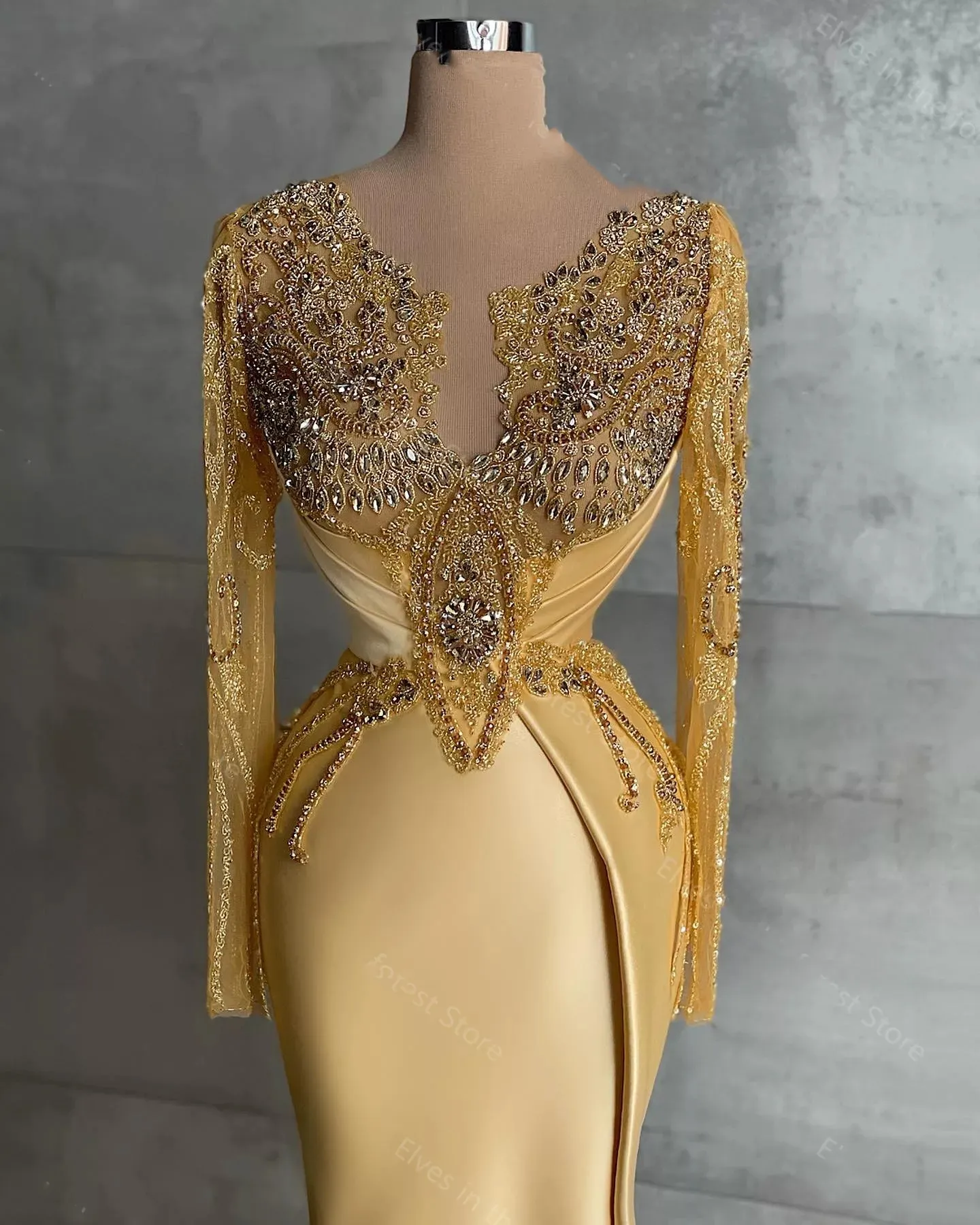 gold evening dress with sleeves High Neck Three Quarter Sleeve Champagne Gold Prom Dress Evening Gown Champagne Gold / 4 main image 1