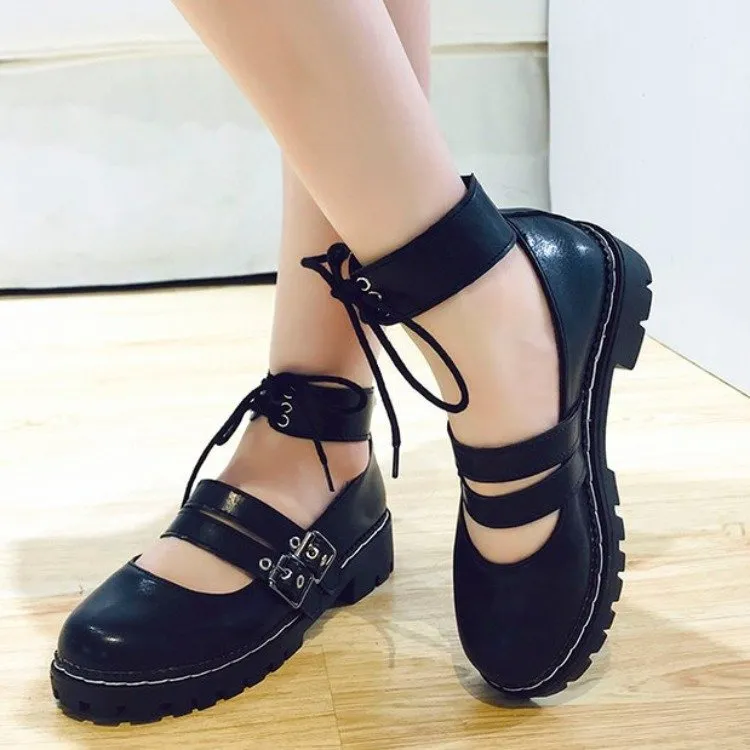 Lolita skor dubbla spänne plattform skor patent läder ankelband tjocka sula tjejer skor retro spets upp avslappnad 8981n