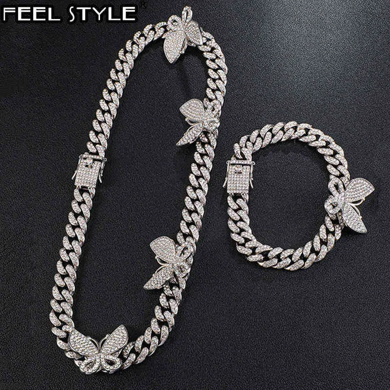 HIP HOP 13MM ICED OUT verharde Rhinestones 1 Set Miami Curb Butterfly Cubaanse Ketting CZ Bling Rapper Ketting Armband Mannen Sieraden