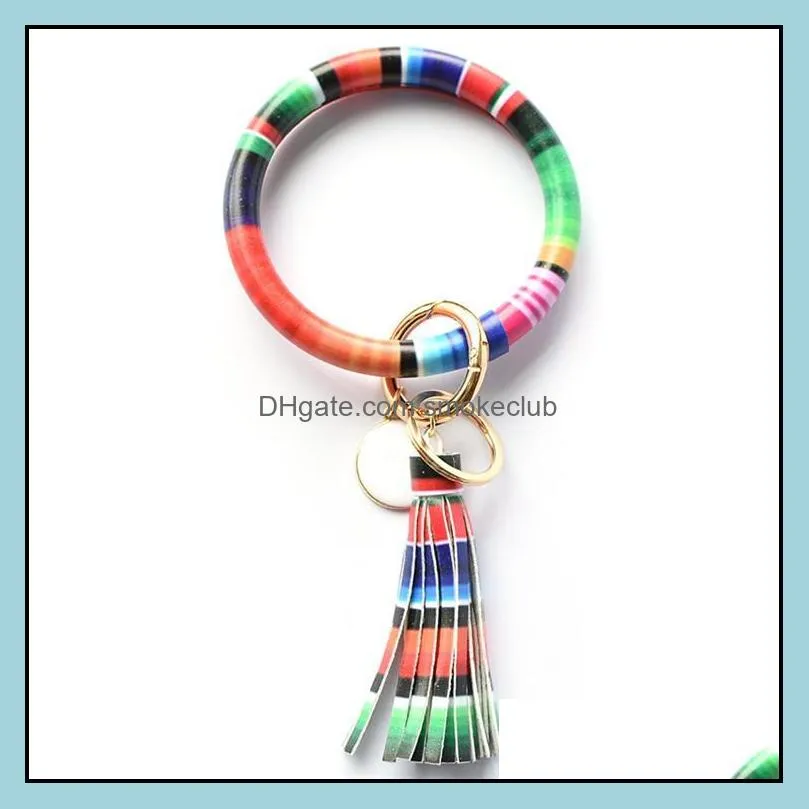 Women Tassels Bracelets PU Leather Wrap Key Ring Leopard Lily Print Keychain Wristband Sunflower Drip Oil Circle Bangle Chains Epacket