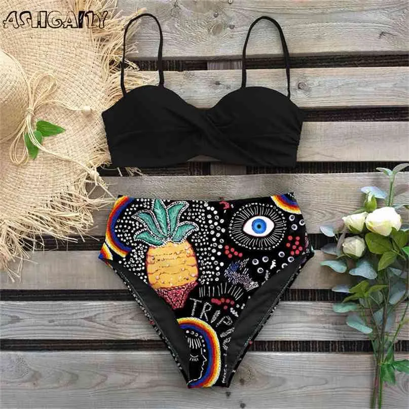 Leaf Print High Waist Push Up Mid Waist Bikini Set Sexy Swimwear