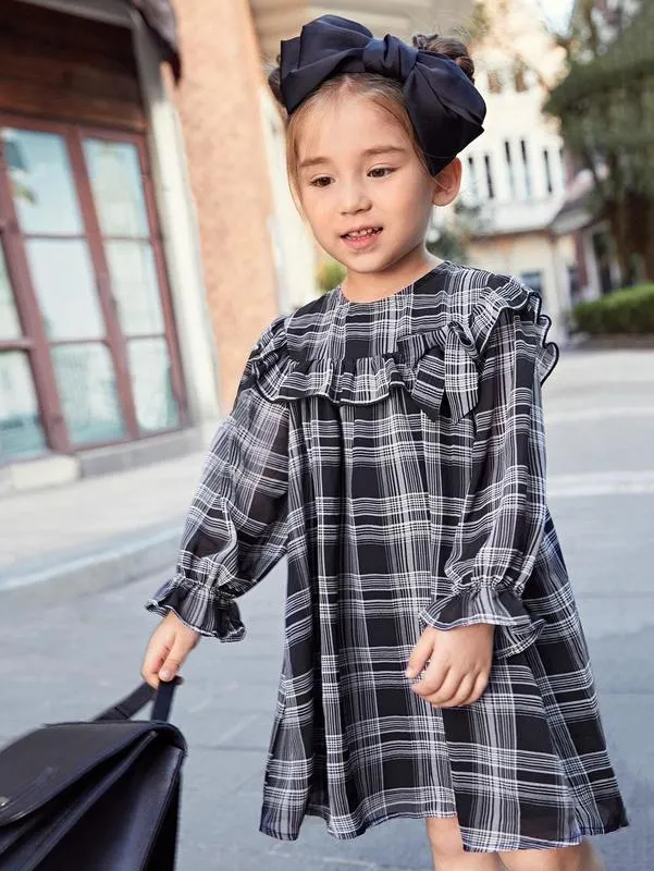 Toddler Girls Plaid Print Flounce Sleeve Ruffle Detail Dress SHE