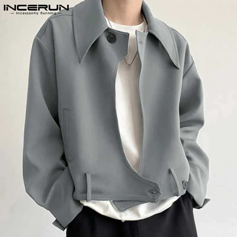 남성용 재킷 남성 스트리트웨어 옷깃 긴 소매 솔리드 컬러 불규칙한 코트 포켓 2021 버튼 패션 캐주얼 겉옷 S-5XL Incerun