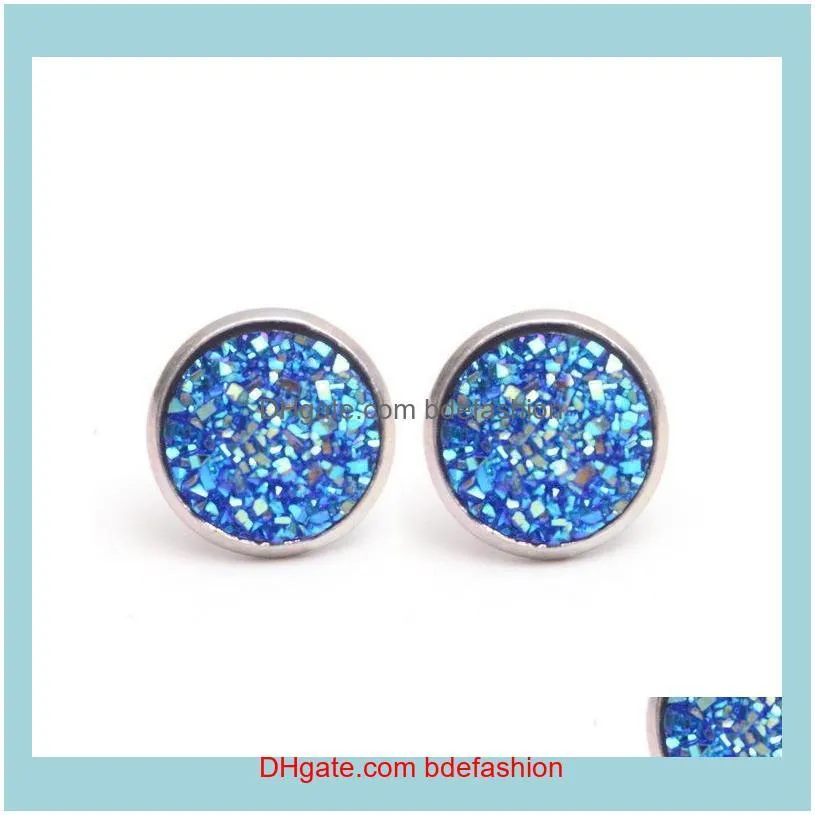 Fashion Drusy Druzy Earrings Silver Plated Popular Round Resin Gemstone Stone Stud Earrings for Women Lady Jewelry