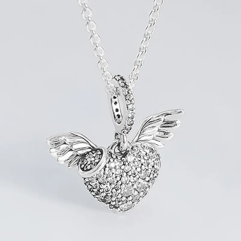 100% prata esterlina 925 pingente asa de anjo com pingente de amor de cristal ajuste pandora mulheres pulseira colar diy jóias Q0531