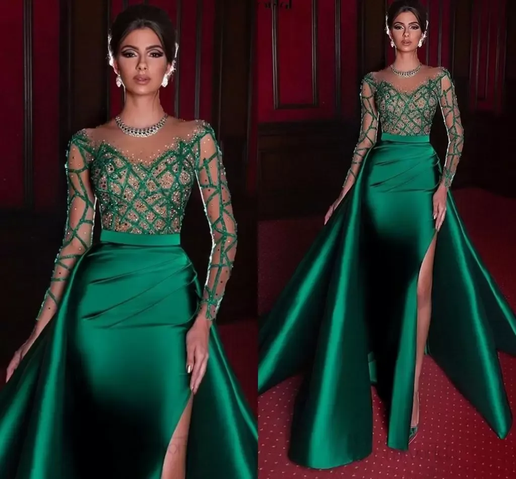 Abiti da sera eleganti a sirena 2022 Abito formale verde Maniche lunghe Raso Sexy Perline a fessura Abiti da ballo per feste Abiti da noiva CG001