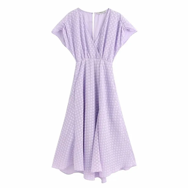 Женщины шикарные моды фиолетовый горошек текстурированные MIDI платье винтажные крест V шеи с коротким рукавом платья вскользь девушки Vestidos 210531