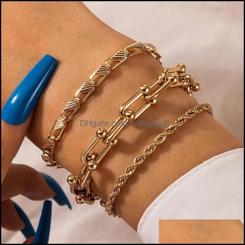 3pcs/sets Heavy Metal Gold Bracelets for Women Gold Color Alloy Metal Hollow Geometric Adjustable Jewelry Gift