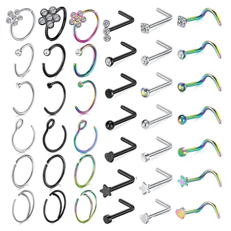 Stainles Steel Body Piercing Jewelry Colorful Nose Studs Rings Set for Women and Men