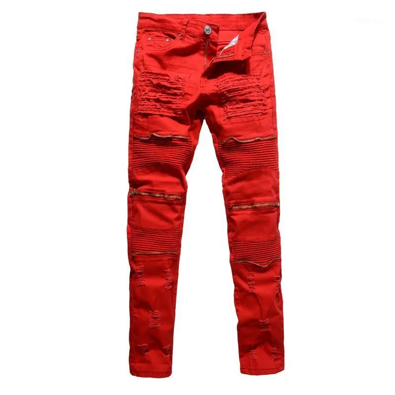 Jeans da uomo Uomo Club Biker da uomo Bianco / rosso / nero Ginocchio Multi Zipper Uomo Marca Slim Fit Cut Pantaloni Jean distrutti per Homme