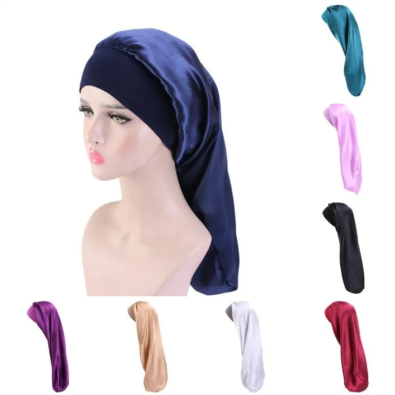 2021 Berretto da notte lungo in raso con cuffia extra large in seta con ampia fascia elastica Cappello da notte allentato per le donne Trecce Capelli naturali ricci