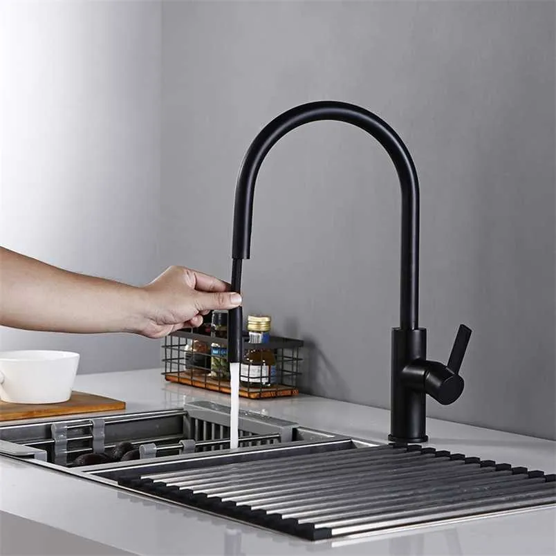 Arrival Kitchen Faucet Swivel With Invisible Pull Out Nozzle Sprayer Gooseneck Pull Down Mixer Sink Tap in Matt Black 211108