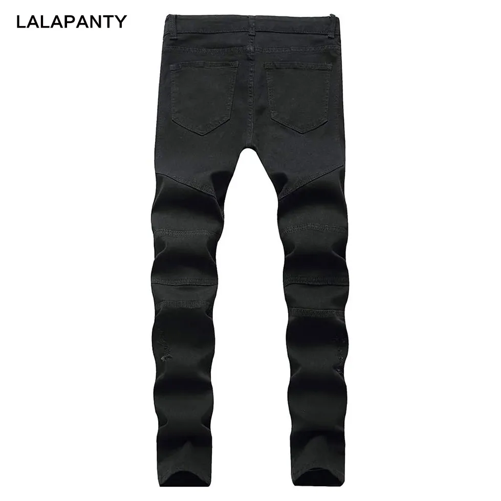 Jeans de vêtements lalapanty slp bleu / noir de détruit pour hommes slim biker droit skinny jean hommes pantalon déchiré onom