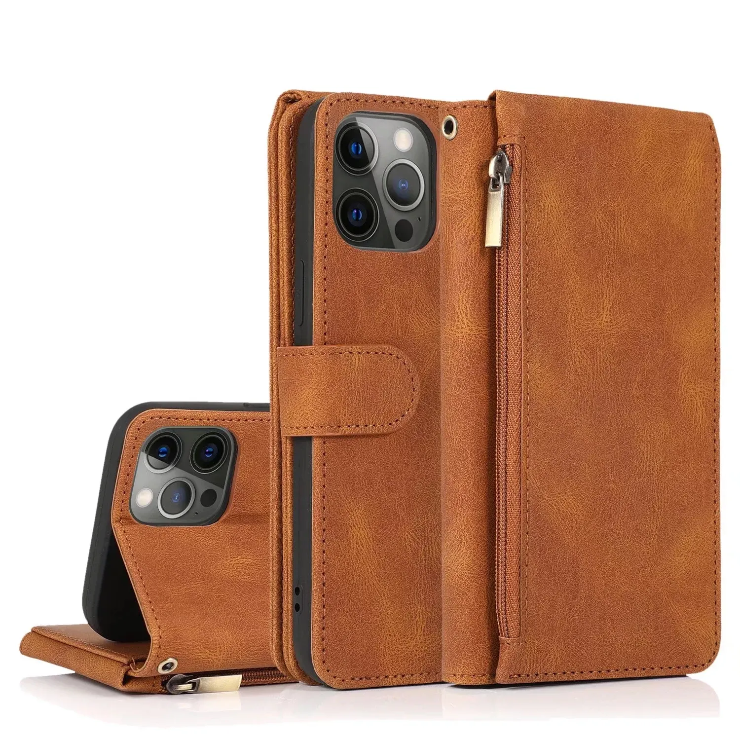 For Iphone Phone Cases Cover Case Zipper Wallet Solid Color Skin-Feeling Pu Leather Flip Kickstand With Coin Purse 13 12 11 Pro Max Xr Xs X 7 8 Plus