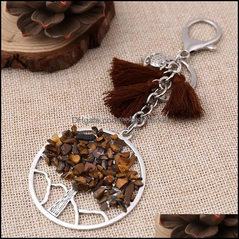 Natural Stone Tree of Life Keychain Tree Owl Tassel Key Chain Key Rings Bag Fashion