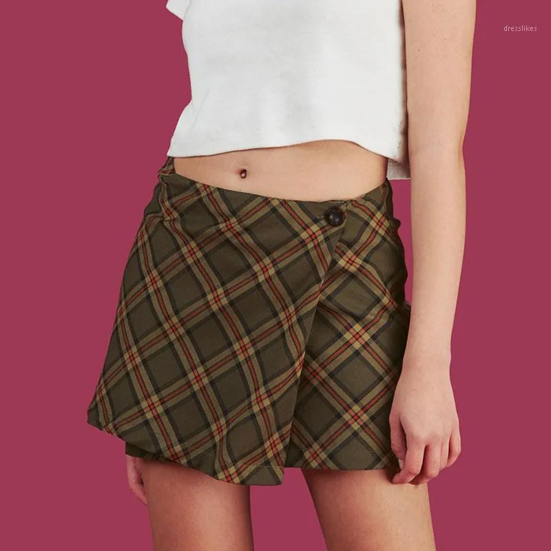 Skirts Plaid Mini Wrap Skirt High Waist With One Button Front Short Witz For Women School-Girl E-girl /