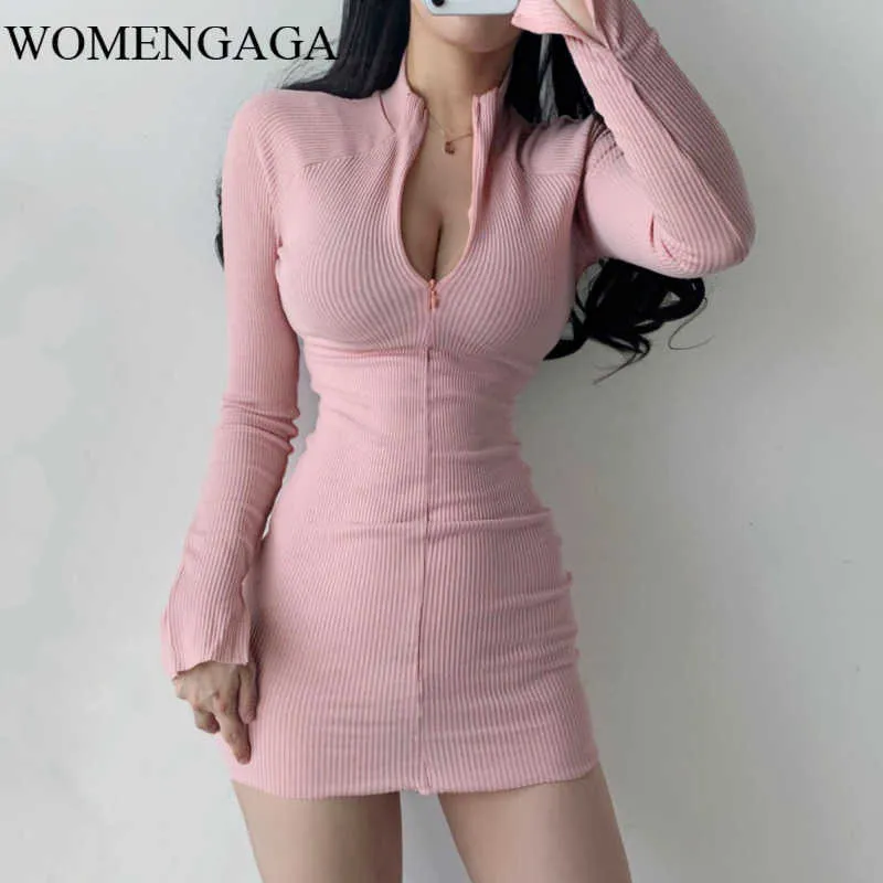 Pink Sexy Summer Autumn Women's Clothing Long-sleeved Zipper Dress Striped Fold Fashion Girl Female Dresses E186 210603