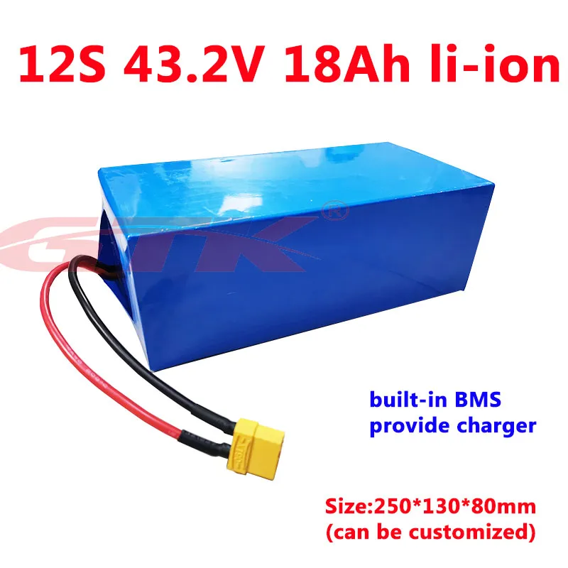 GTK Lithium 44.4V 18Ah Li Ion Batteri 43.2V 44V med BMS för 1300W Motor Elektrisk cykel Scooter eBike Skateboard + 3A laddare