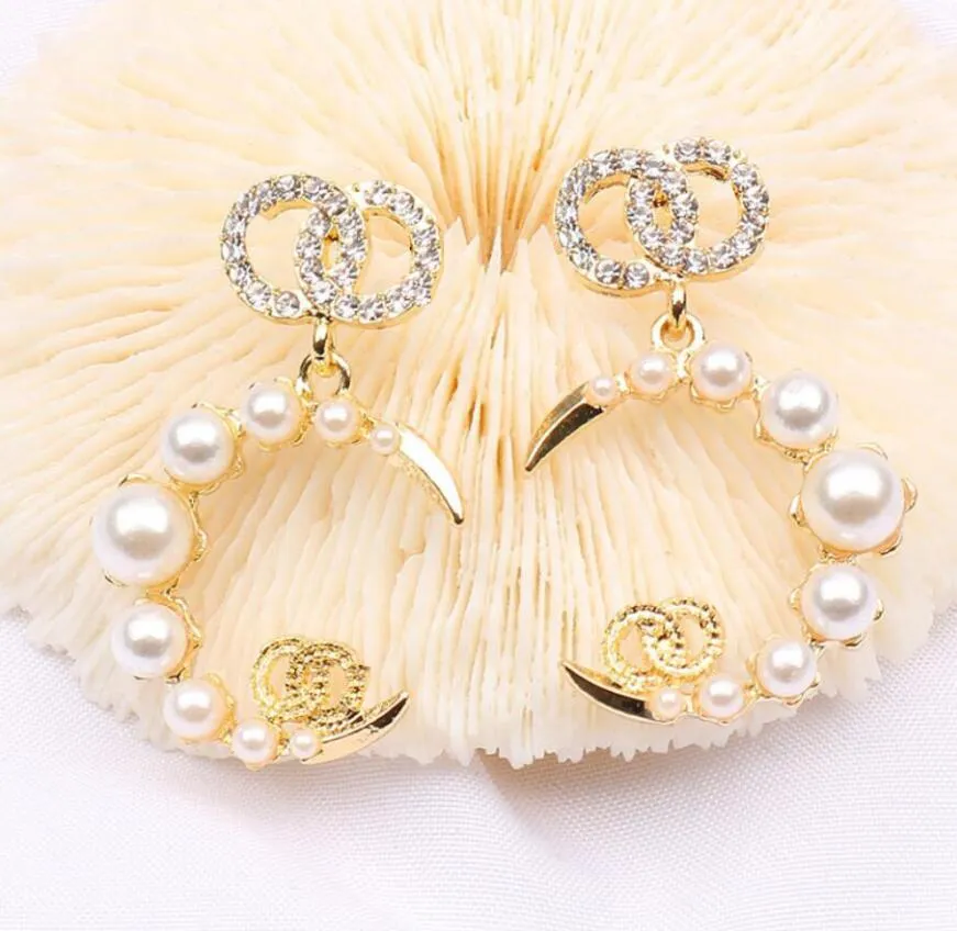 Vintage designer inlay pärla kristall strass studörhängen kvinnor märke bokstav geometrisk halvmåne 925 silver örhänge mode bröllop parti juvelen accessorie